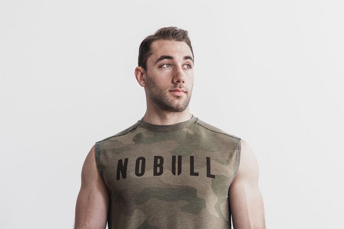 Nobull Sleeveless Men\'s T Shirts Green Camo | Australia (LU4093)